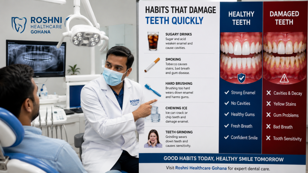 Habits That Damage Teeth Quickly: A Dental Expert Guide by Roshni Healthcare Gohona