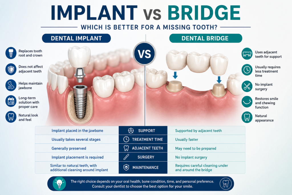 Implant vs Bridge: Which Is Better for a Missing Tooth?